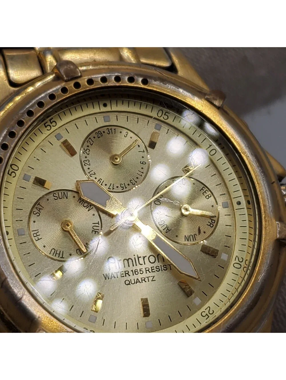 Armitron Multifunction Watch Men 37mm Gold Tone Rotating Bezel New Battery